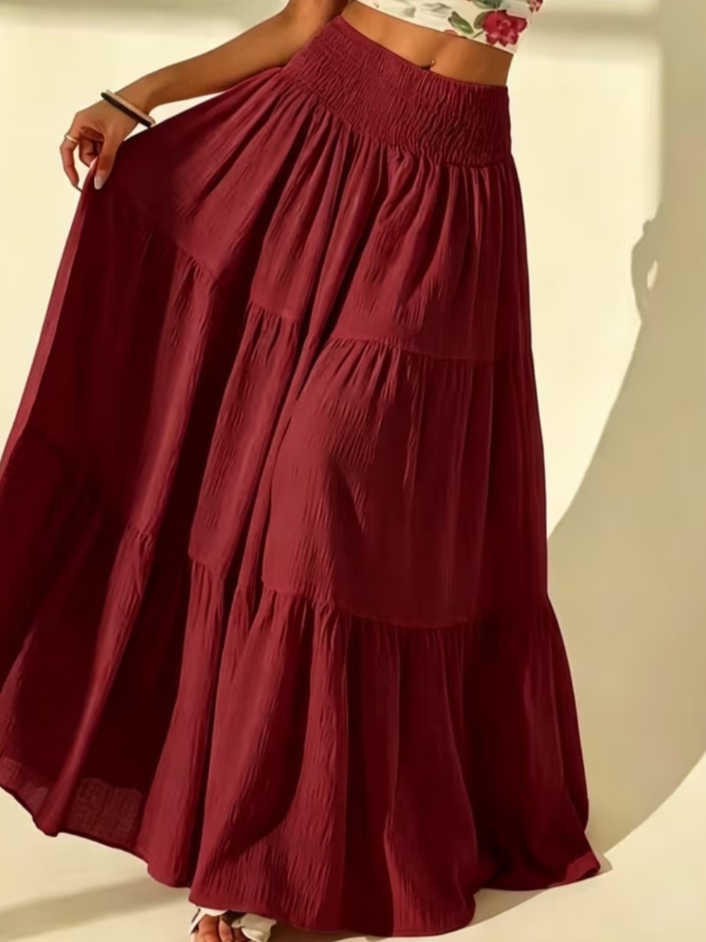 Boho Tiered Maxi Skirt - Wine